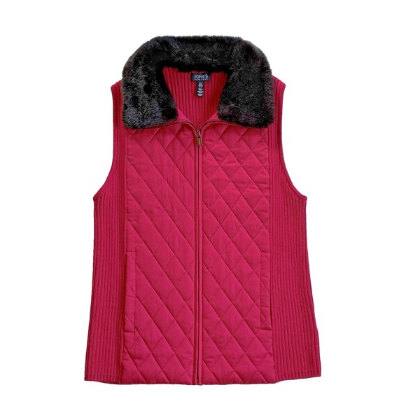 Jones New York Quilted Sweater Vest M 8 10 Faux Fur Collar Sleeveless Jacket Red - Picture 1 of 7